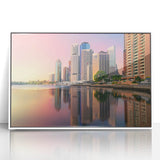 Large art print of Brisbane skyline in muted gray tones on a framed acrylic, suited for modern nursery wall art.