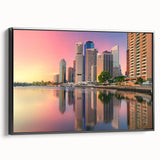 Black and white vintage poster art of Brisbane landscape on framed canvas, suitable for bedroom wall decor.