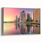 Vintage poster art of Brisbane scenery in colorful tones on a large framed canvas, suitable for living room decor.