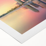 Art deco poster of Brisbane skyline in muted gold and blue tones on rolled canvas, suitable for dining room wall art.