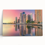 Black and white stretched canvas of Brisbane skyline, ideal for kitchen wall art or bedroom ambiance.
