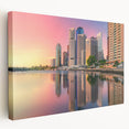 Large art depicting the Brisbane skyline in muted blue tones on stretched canvas, suitable for kitchen wall art.