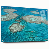 Acrylic print of the Great Barrier Reef in vivid blue and green shades, suitable for bedroom or dining room decor.