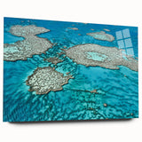 Acrylic print of the Great Barrier Reef in vibrant blues and greens, ideal for bedroom or dining room art.