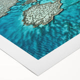 Art deco poster of the Great Barrier Reef in pastel blue and green tones on rolled canvas, suitable for dining room decor.