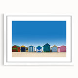 Extra large abstract art print of Melbourne scenery in muted blue and green tones, framed with a white mat.