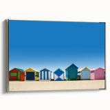 Vintage poster art of Melbourne skyline in vibrant colors on extra large framed canvas, ideal for living room decor.