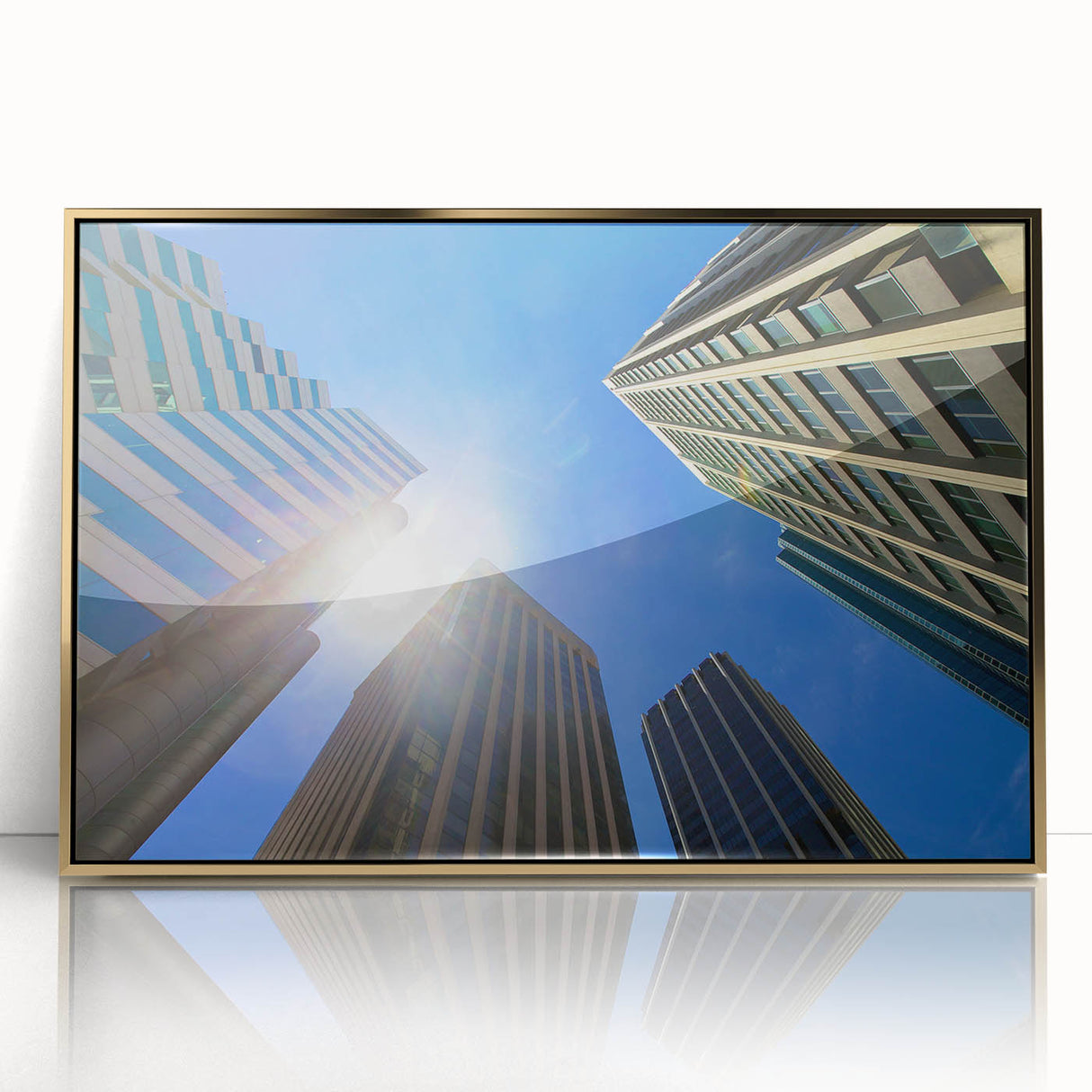 Mid-century modernist art of Perth skyline in gold and blue tones, acrylic framed, ideal for nursery wall art.