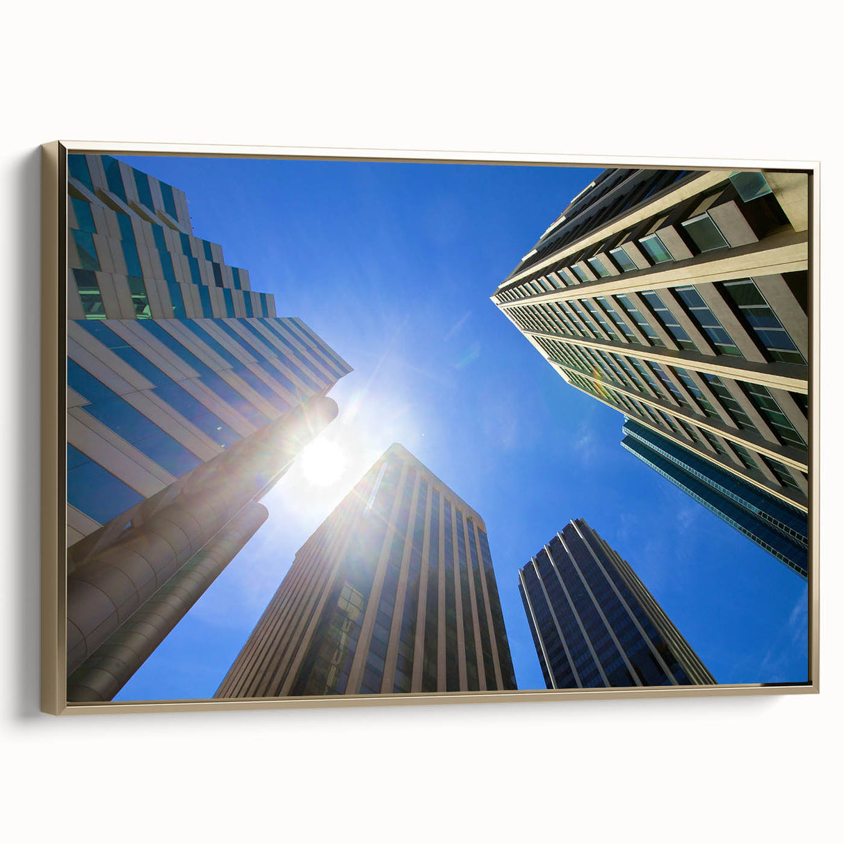 Framed canvas landscape art painting depicting a vintage-style Perth skyline in vibrant gold and black tones.