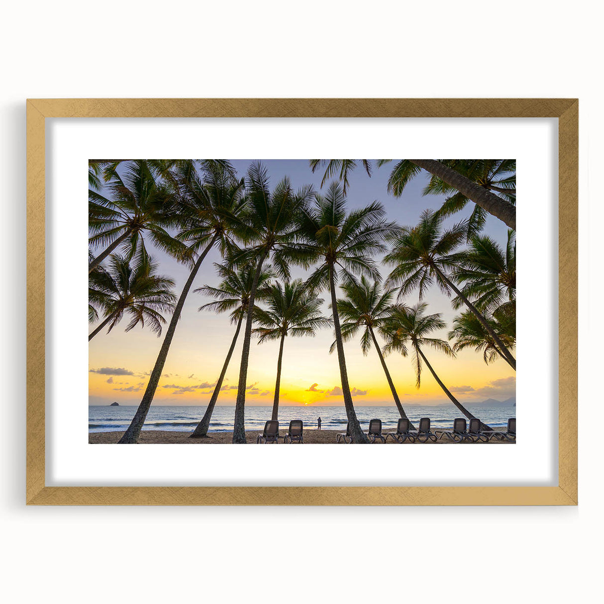 Textured abstract art print of Queensland scenery in muted earth tones, framed in gold, ideal for bedroom art.