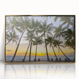 Mid-century modernist art of Queensland scenery in gold tones on a framed acrylic, suitable for modern nursery decor.