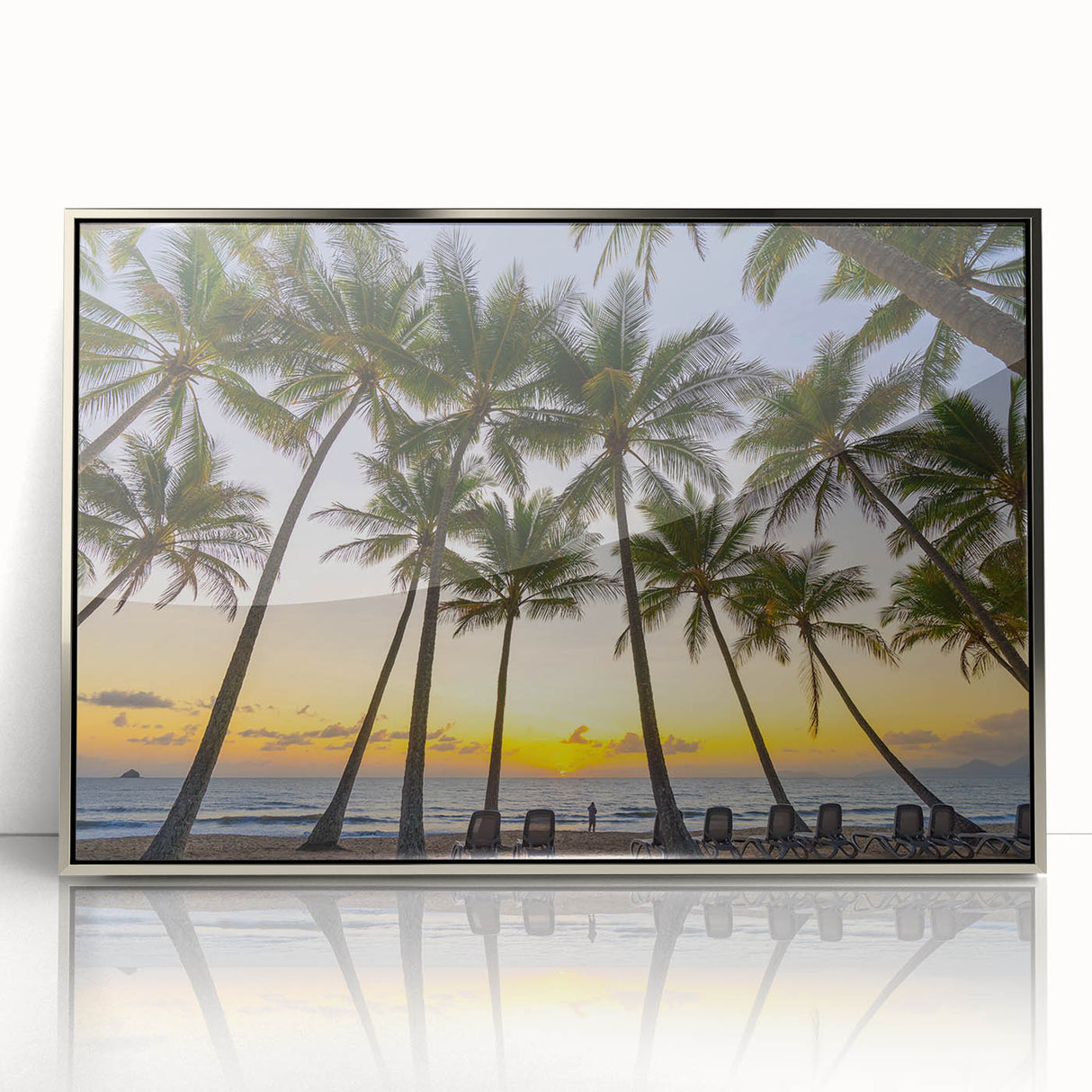 Modern art wall decor featuring a serene Queensland landscape in muted earth tones, framed in silver acrylic.