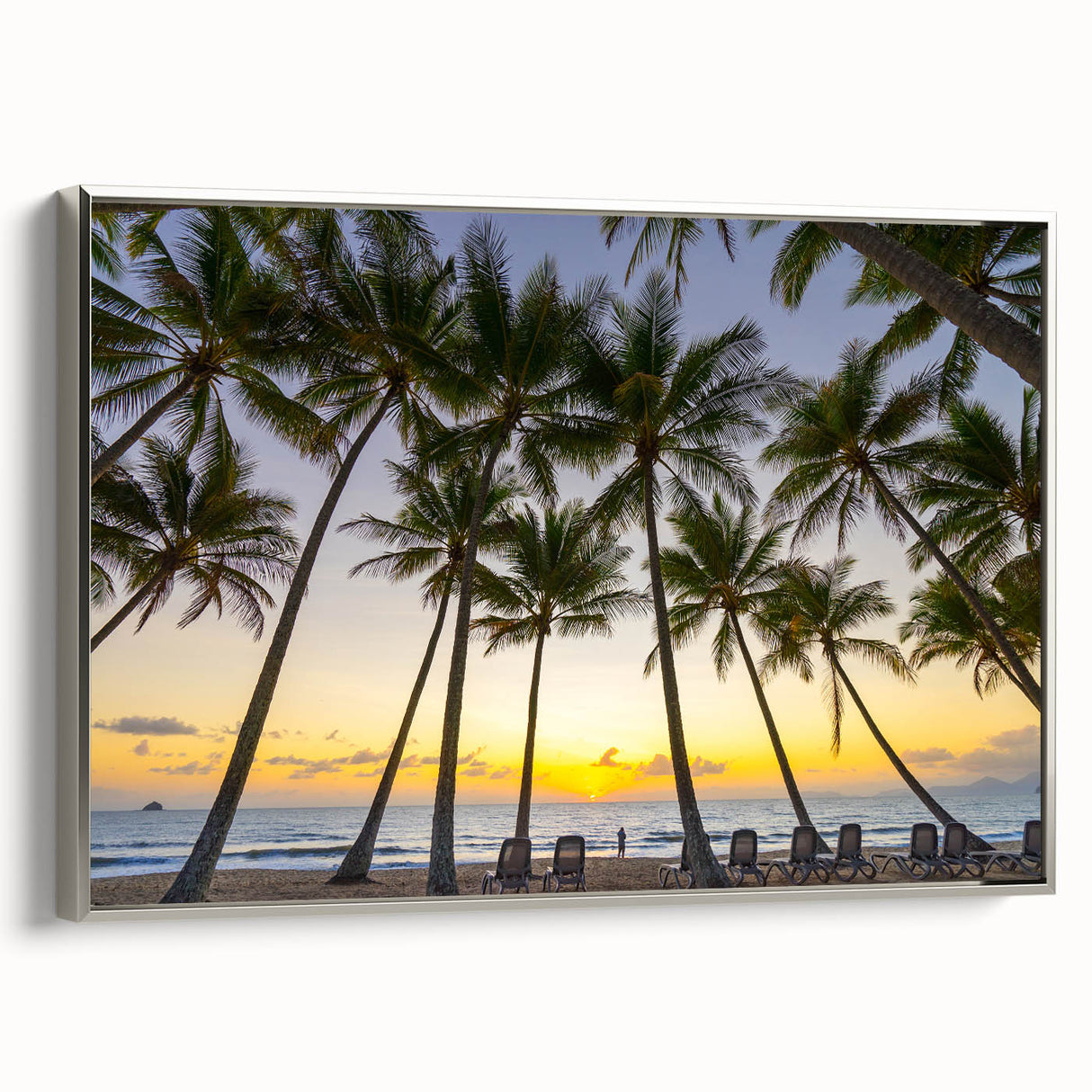 Vintage poster art of Queensland scenery on a silver-framed canvas, featuring vibrant colors, ideal for living room decor.
