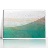 Mid-century modernist art depicting Sydney skyline in muted blue tones on a framed acrylic panel.