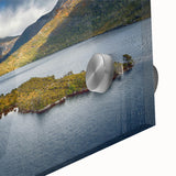 Large abstract wall art depicting Tasmania scenery in muted earth tones on acrylic glass, suitable for dining room ambiance.