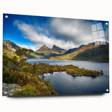 Acrylic print of a Tasmanian landscape in muted green and blue tones, suitable for bedroom or dining room decor.
