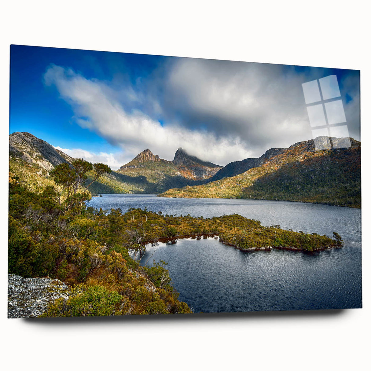 Large abstract wall art of Tasmania scenery in muted earth tones on acrylic glass, ideal for bedroom or dining room decor.
