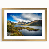 Abstract art print of a Tasmanian landscape in muted earth tones on a framed canvas.