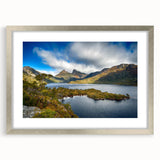 Extra large abstract art print of a textured Tasmanian landscape in muted earth tones, framed in silver.