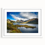 Textured abstract art print of a Tasmanian landscape in muted earth tones, framed in white, ideal for bedroom art.