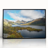 Large abstract wall art depicting a Tasmanian landscape in muted earth tones, framed in black acrylic.