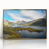 Mid-century modernist art depicting Tasmania landscape in muted earth tones, framed acrylic, ideal for nursery wall art.