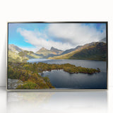 Art deco poster of Tasmania scenery in silver framed acrylic, featuring muted earth tones, ideal for modern art wall decor.