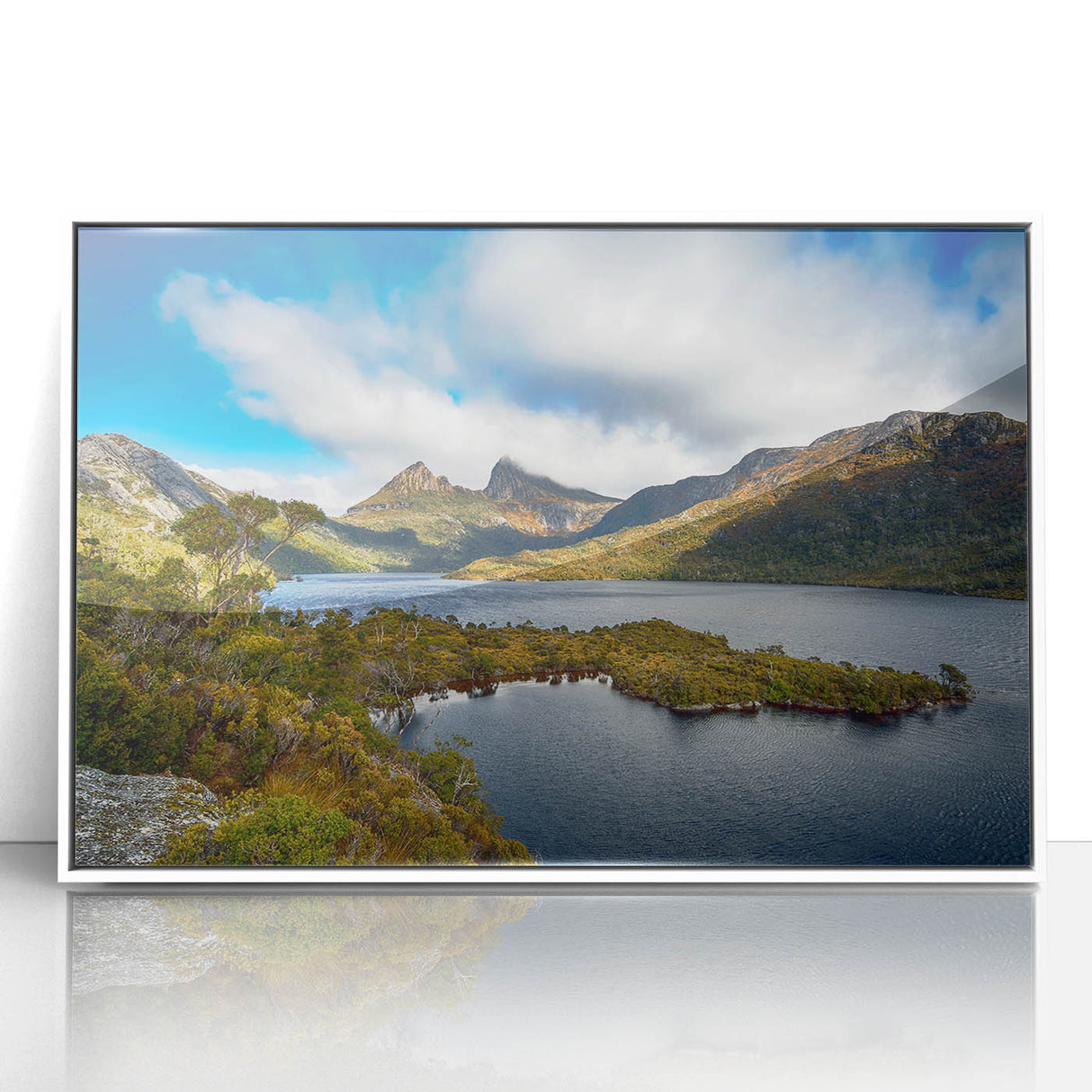 Framed acrylic print of a serene Tasmania landscape in muted green and blue tones, ideal for modern art wall decor.