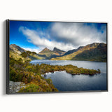 Black and white framed canvas depicting a serene Tasmanian landscape, ideal for bedroom wall decor.