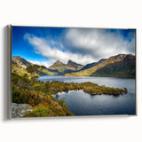 Framed canvas of a Tasmanian landscape in muted earth tones, ideal for bedroom wall art.