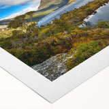 Art deco poster featuring a serene Tasmania landscape in muted green and blue tones on rolled canvas.