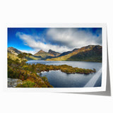 Rolled print of Tasmania scenery with lush greenery and water, in muted earth tones, ideal for art wall dining room.