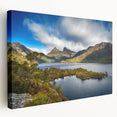Large art print of a Tasmanian landscape on stretched canvas, featuring muted green and blue tones.