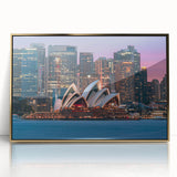 Art deco poster featuring a golden-hued Sydney skyline on framed acrylic, ideal for modern art wall decor in a nursery.