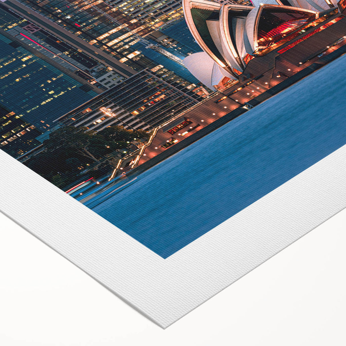 Art deco poster featuring the Sydney skyline in monochrome shades on rolled canvas, suitable for dining room decor.