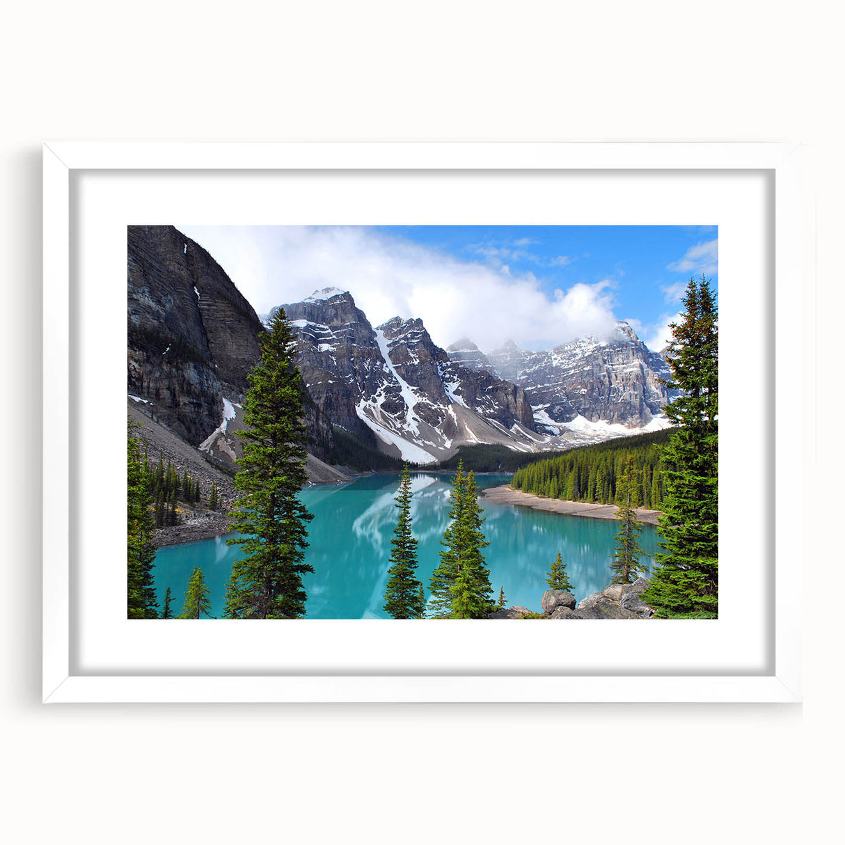 Abstract art print of Alberta, Canada in muted blue and green tones on a white framed canvas, suitable for dining room decor.