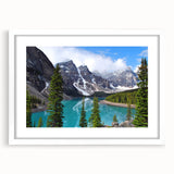 Abstract art print of Alberta, Canada in muted blue and green tones on a white framed canvas, suitable for dining room decor.