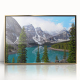 Large art print of Alberta, Canada scenery in mid-century modernist style, acrylic on gold-framed canvas.