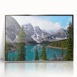 Mid-century modernist art depicting Alberta, Canada scenery in acrylic, framed with a silver border.