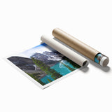 Scenic Alberta landscape with floral foreground in soft green and blue hues on a rolled print.