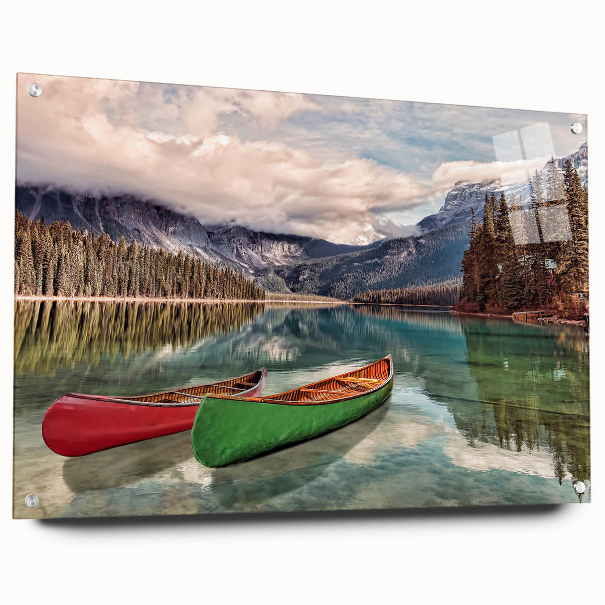 Acrylic print of a large abstract depiction of British Columbia scenery in cool blue and green tones.