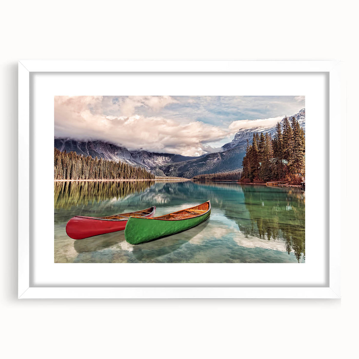 Abstract art print of British Columbia scenery in muted earth tones on a framed white canvas, suitable for dining room decor.