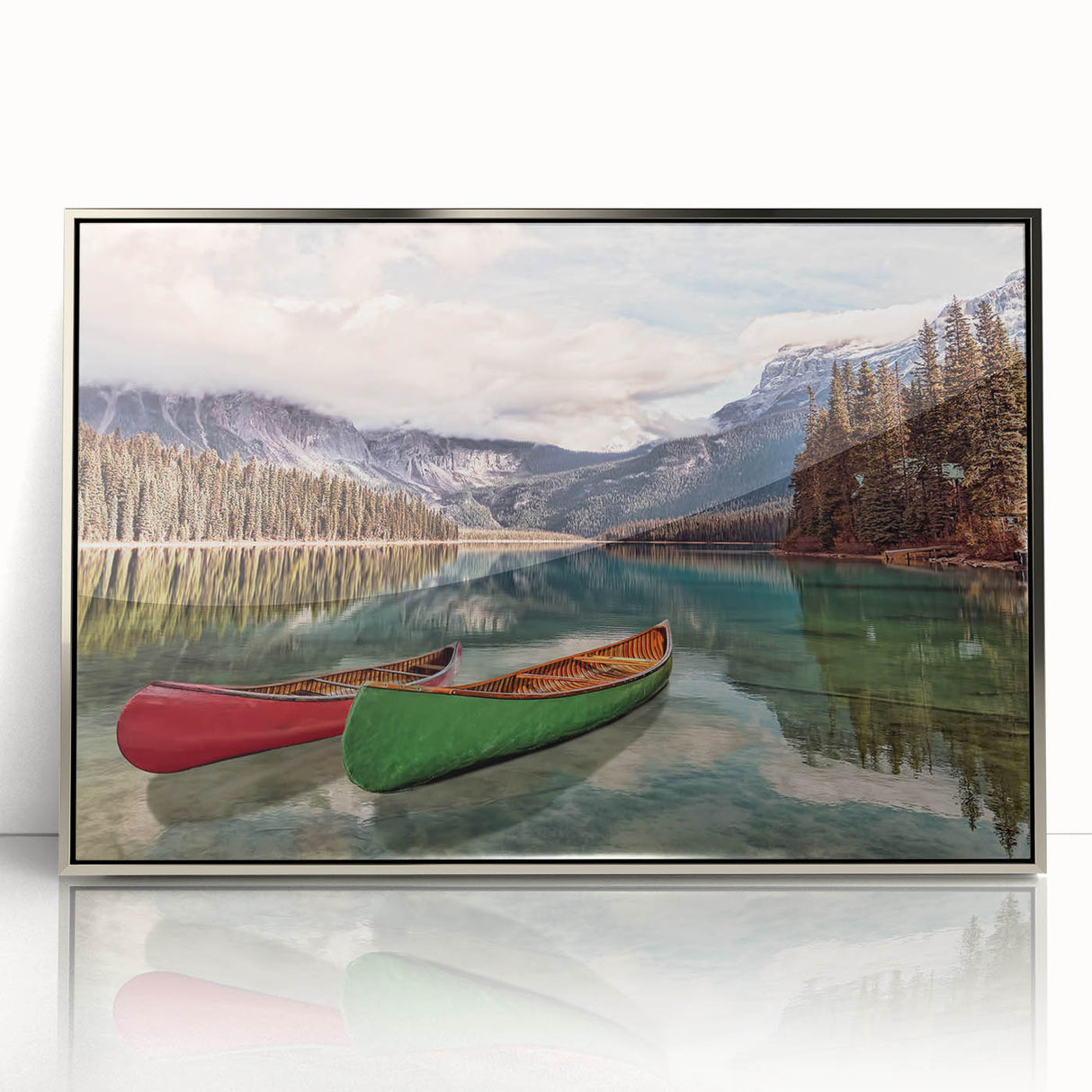 Mid-century modernist art depicting British Columbia scenery in muted earth tones on a framed acrylic print.