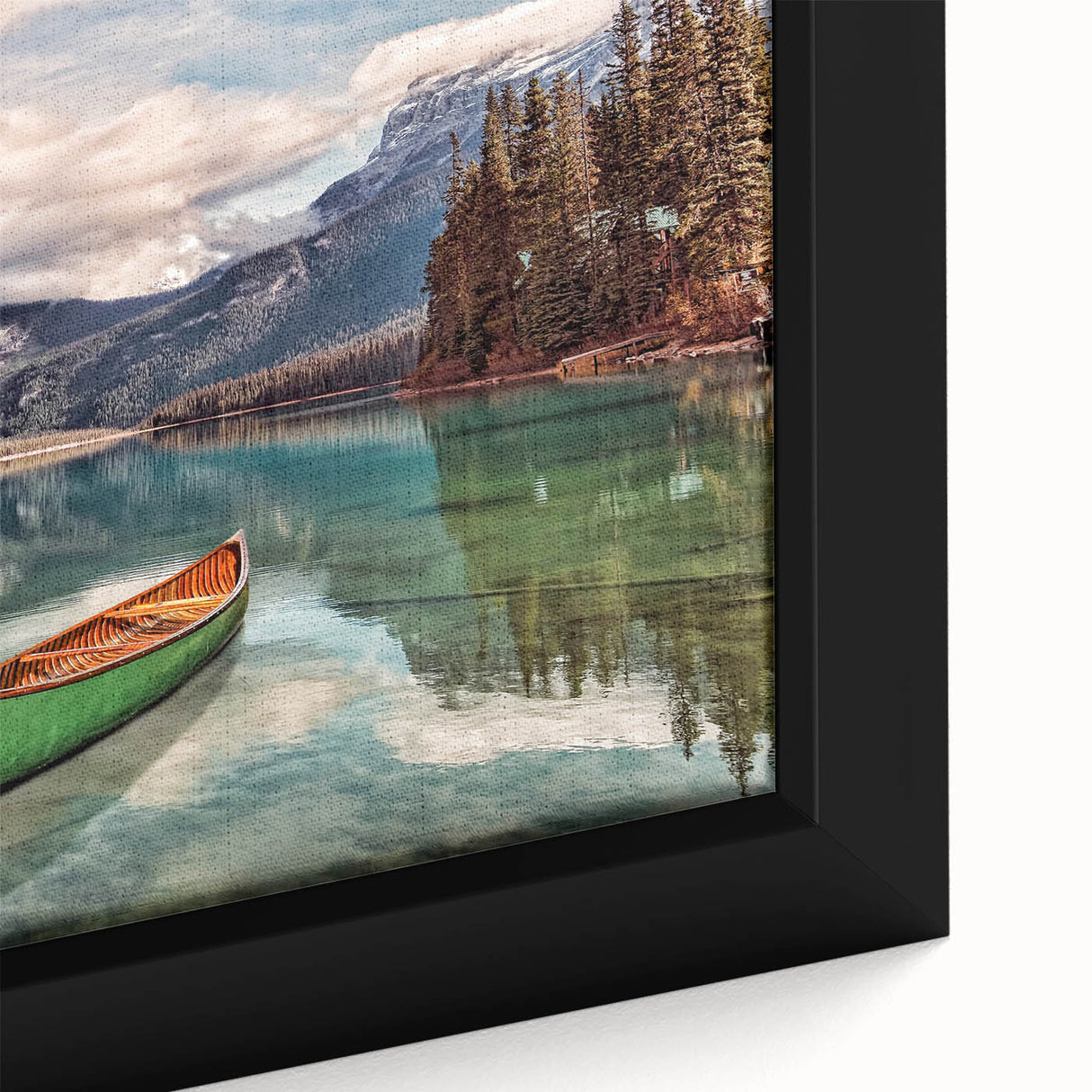 Extra large framed canvas of a textured, colorful British Columbia scenery in black, ideal for living room decor.