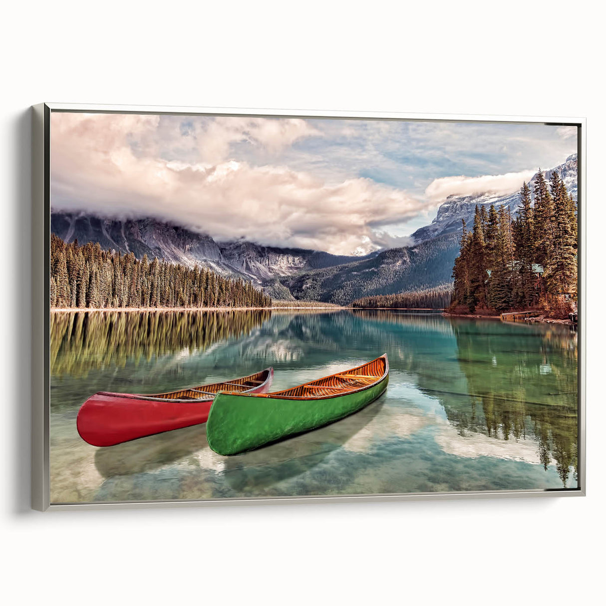 Framed canvas landscape art painting depicting a serene British Columbia scenery in muted earth tones.
