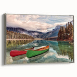 Framed canvas landscape art painting depicting a serene British Columbia scenery in muted earth tones.