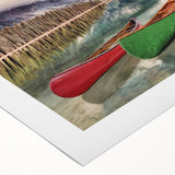 Art deco poster of British Columbia scenery on rolled canvas, featuring muted earth tones, suitable for dining room wall art.