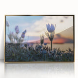 Large acrylic print of a serene Manitoba landscape in muted earth tones, framed in gold, suitable for modern art wall decor.