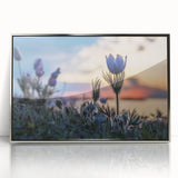 Mid-century modernist art depicting a serene Manitoba landscape in muted earth tones, framed in silver acrylic.