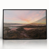 Large abstract wall art depicting a serene New Brunswick landscape in muted earth tones, framed in black acrylic.